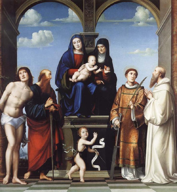 Francesco Francia The Virgin and Child and Saint Anne Enthroned with Saints Sebstian,Paul,John,Lawrence and Benedict